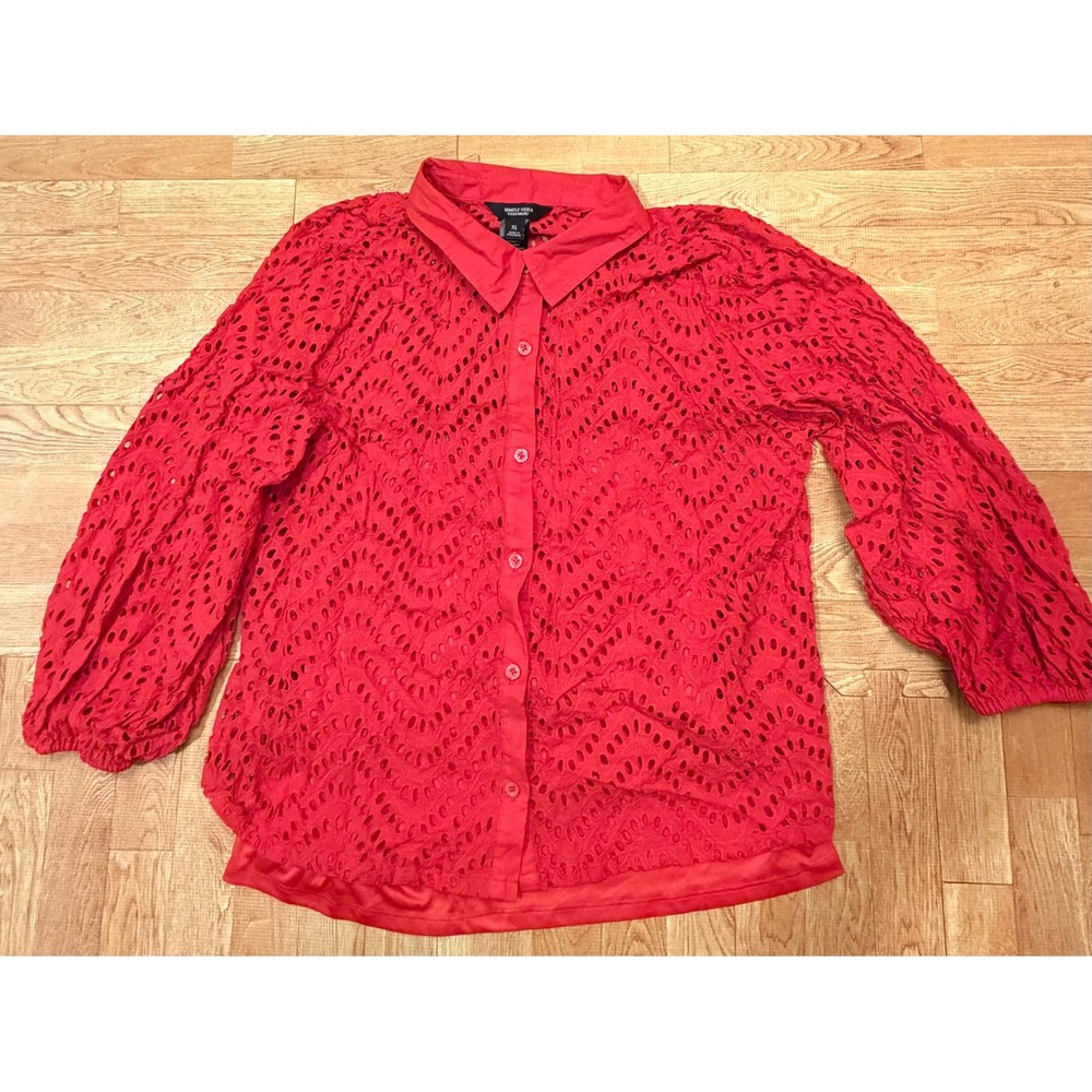 Simply Vera Vera Wang Red Eyelet Lace Button Down Blouse XL Chevron Boho Top